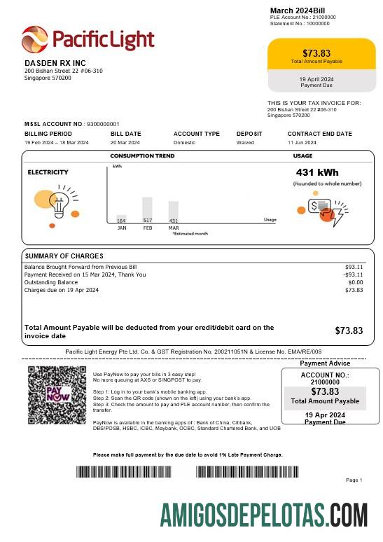 Para baixar modelo de conta de serviço público de eletricidade da Singapore Pacific Light em formatos Word e PDF